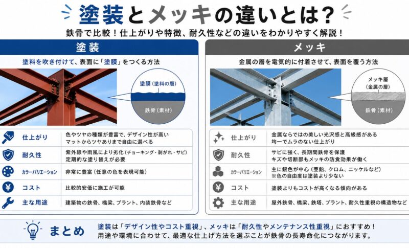 亜鉛メッキと塗装を施したH鋼の比較イメージ